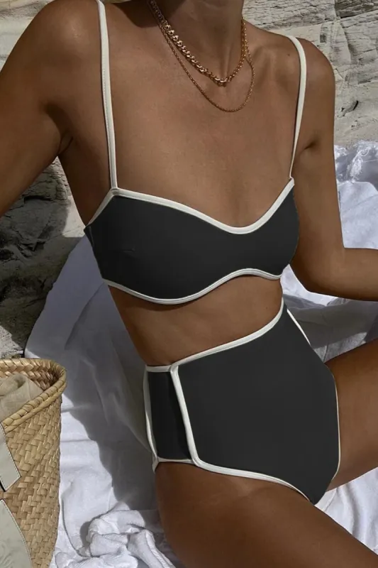 Contrast Trim Cami High Waisted Bikini Set - Black & White sold by Floralkini