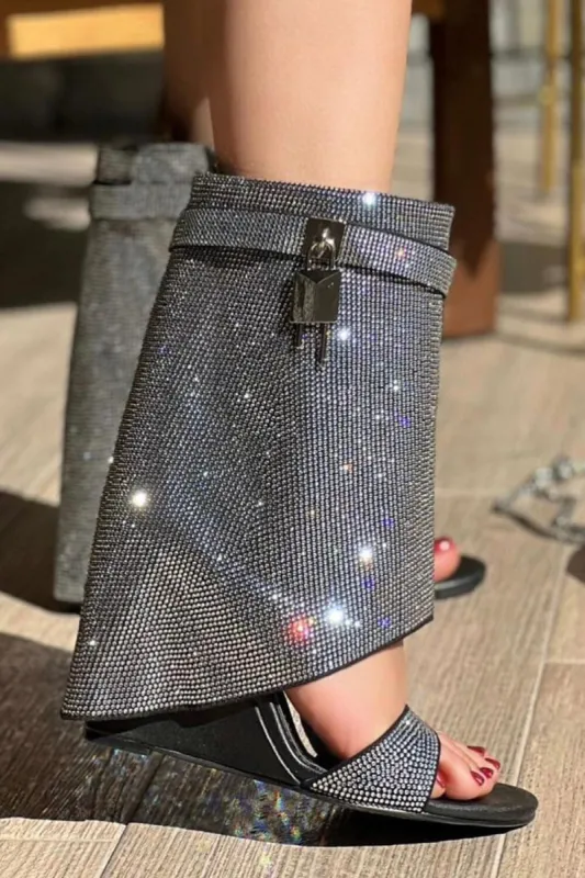 Gem Embellished Diamante Padlock Folded Cutout Wedge Heeled Sandals - Black sold by Floralkini