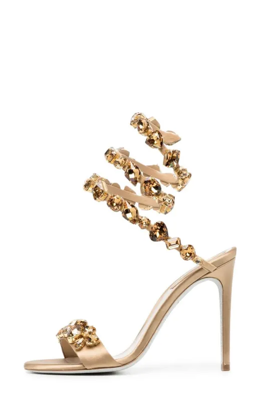 Rhinestones-Embellished Snake Wrap Stiletto Sandals - Gold sold by Floralkini