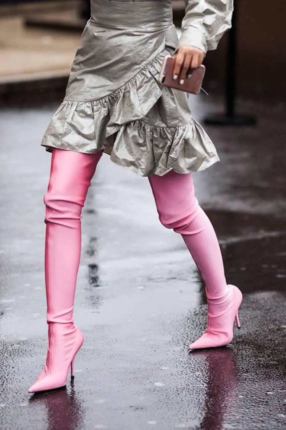 Pink Satin Pointed Toe Thigh High Boots sold by Floralkini product image thumbnail 4