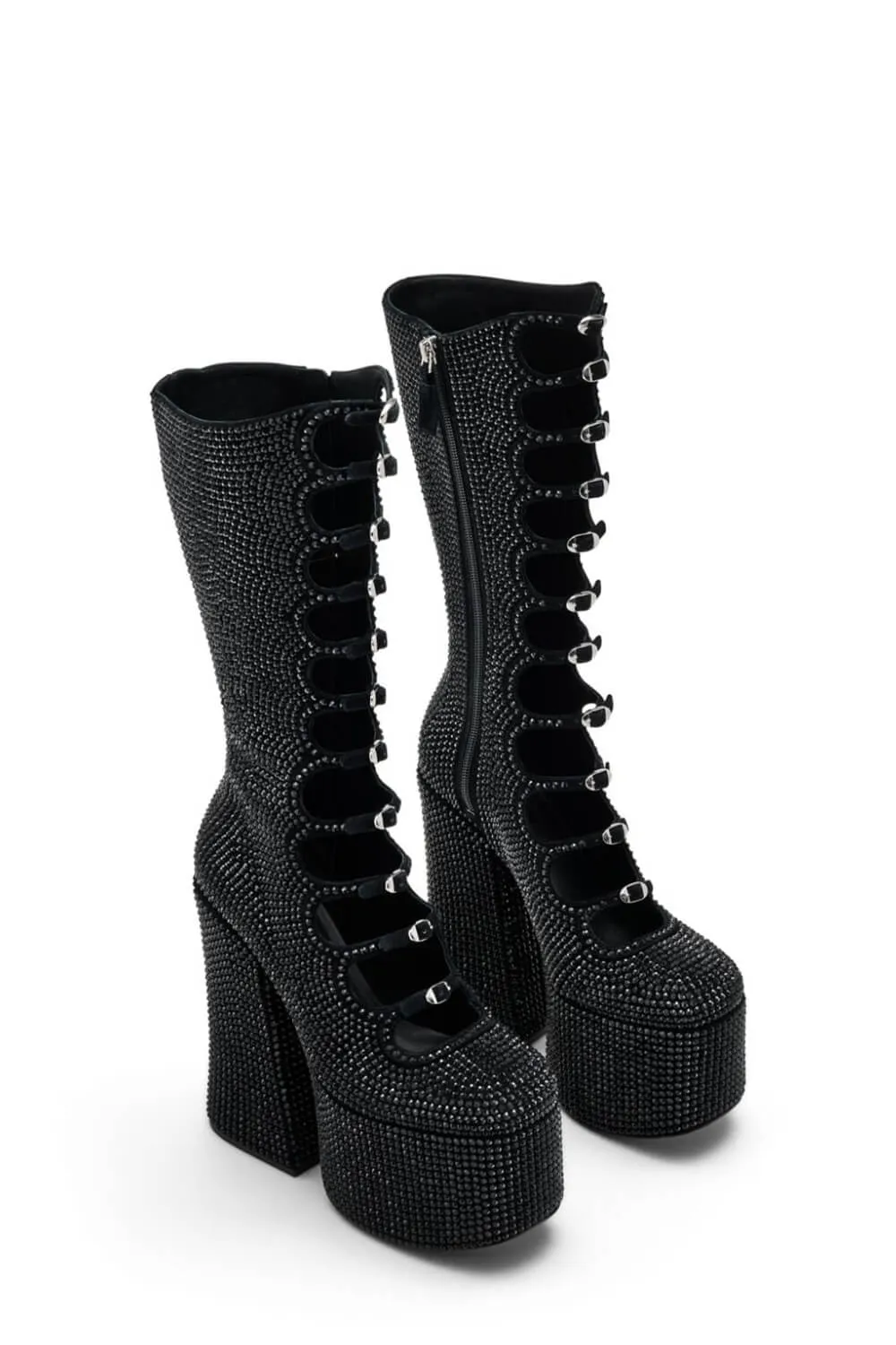 Rhinestone-Embellished Faux Leather Multi Strap Fastened Up Platform Knee High Boots - Black sold by Floralkini product image thumbnail 2