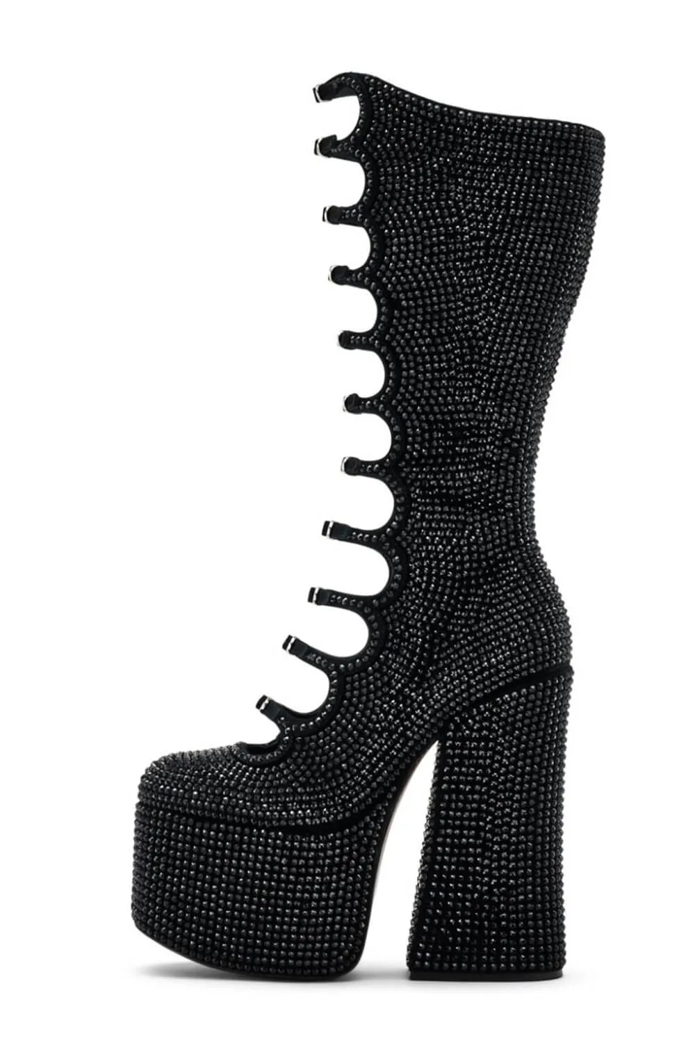 Rhinestone-Embellished Faux Leather Multi Strap Fastened Up Platform Knee High Boots - Black sold by Floralkini product image thumbnail 3