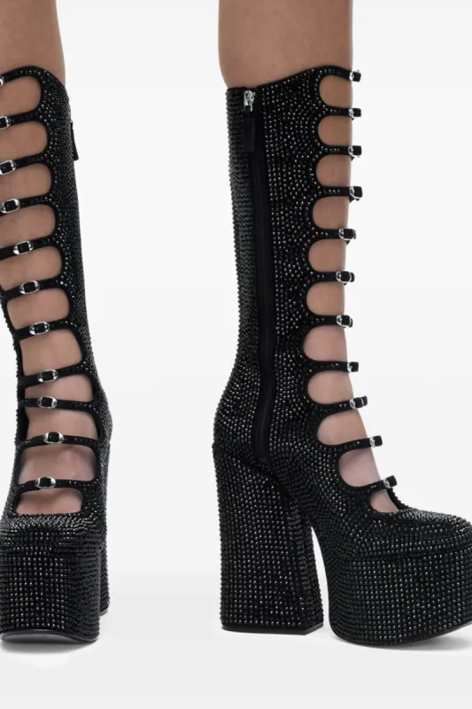 Rhinestone-Embellished Faux Leather Multi Strap Fastened Up Platform Knee High Boots - Black sold by Floralkini