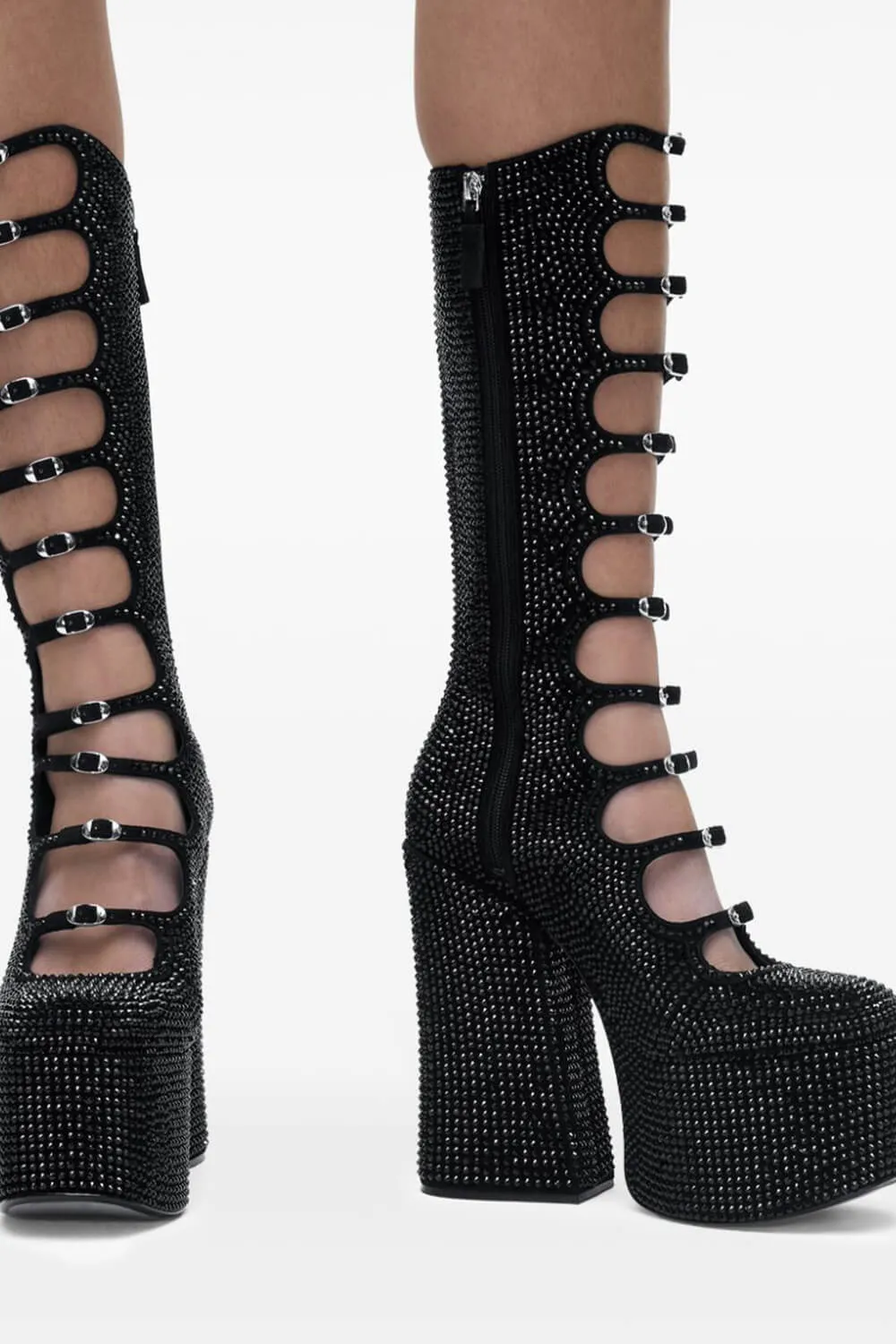 Rhinestone-Embellished Faux Leather Multi Strap Fastened Up Platform Knee High Boots - Black sold by Floralkini