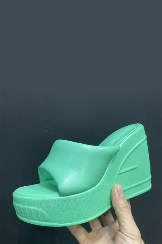 Padded Faux Leather Open Toe Wedge Heeled Mule Sandals - Green sold by Floralkini