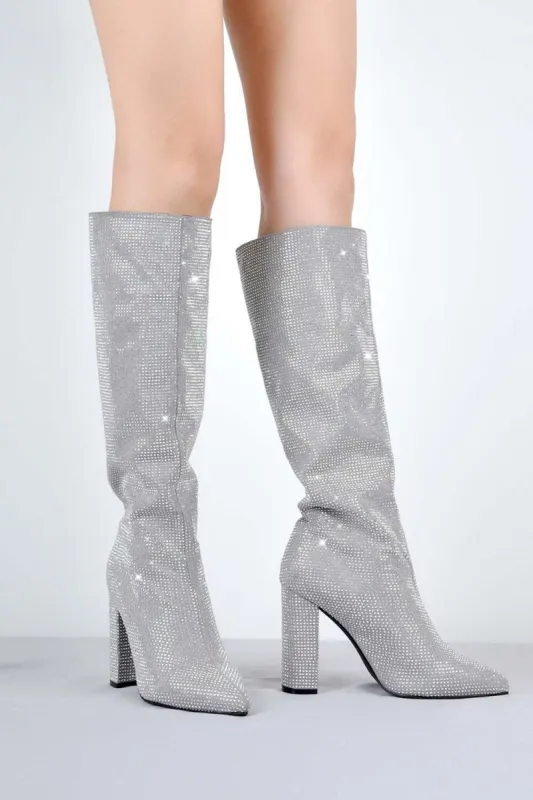 Glitter Knee High Pointed Toe Block Heeled Boots - Silver sold by Floralkini