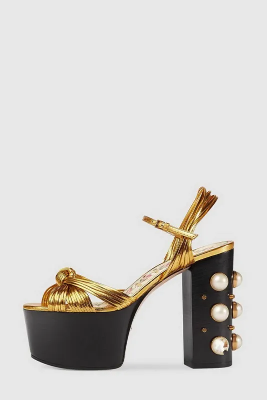 Knotted Strap Platform Sandals With Faux Pearls - Gold sold by Floralkini