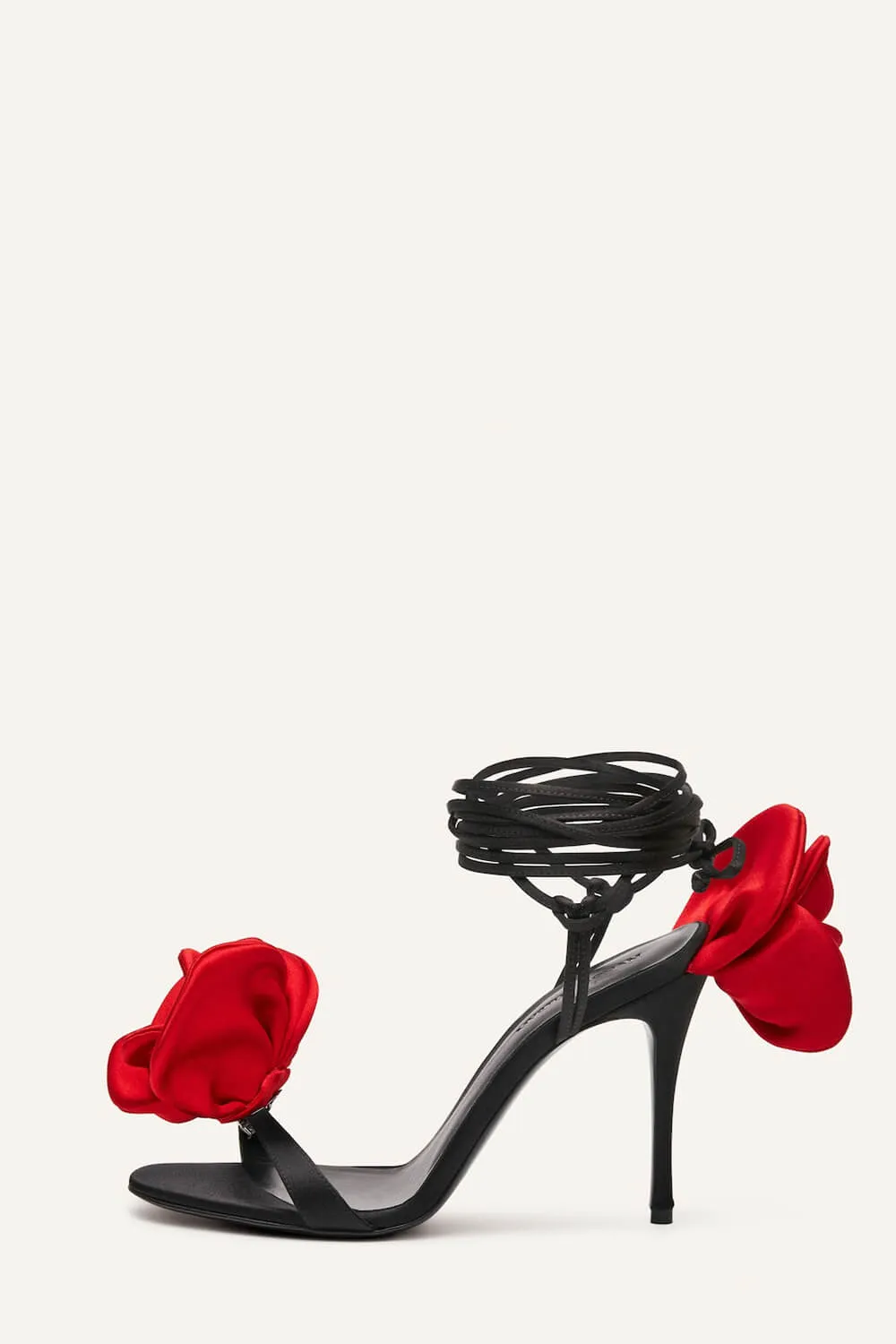 Red And Black Flower Embellished Satin Lace Up Open Toe Stiletto Heels Sandals - Ivory/Red sold by Floralkini