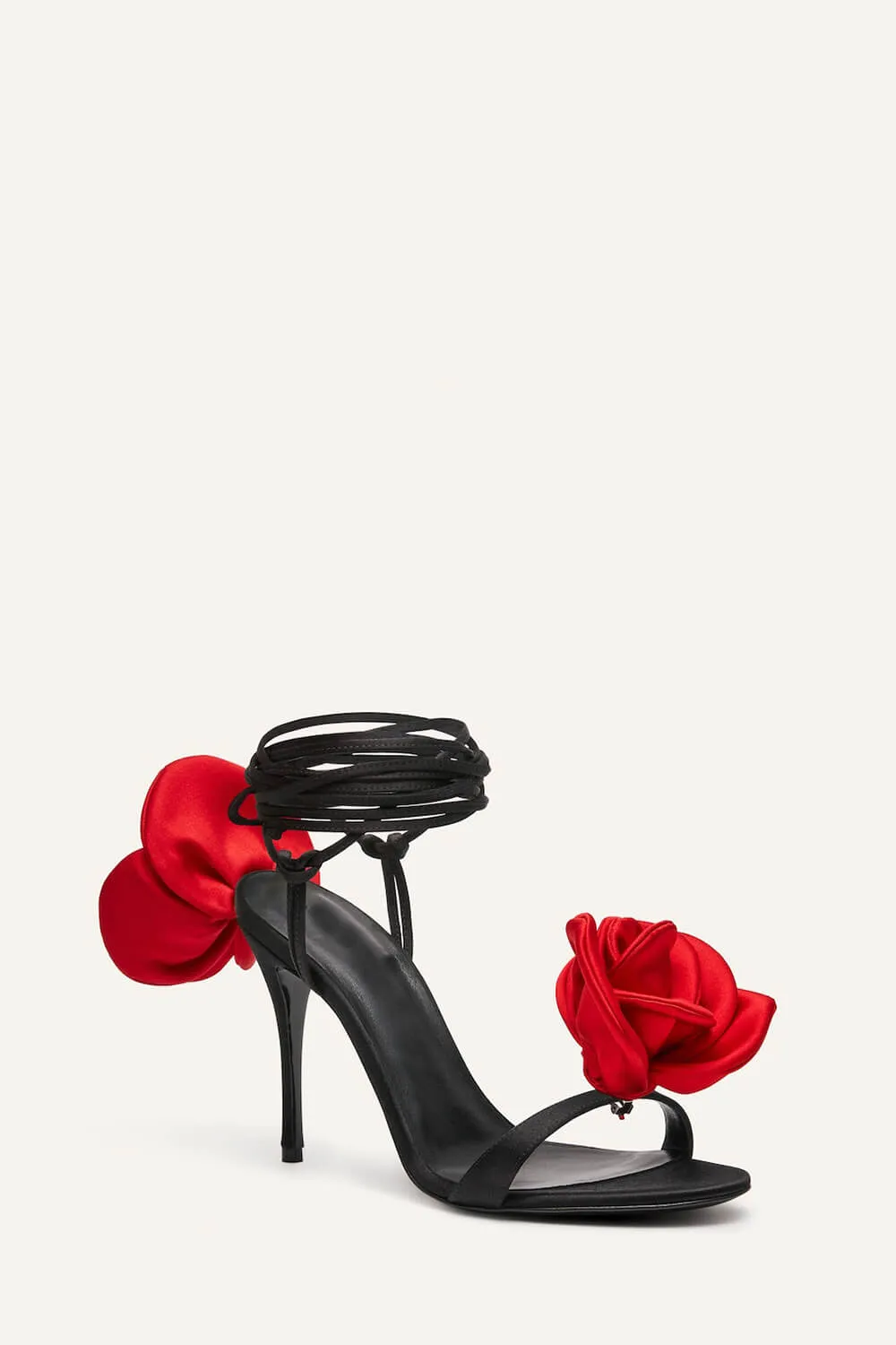 Red And Black Flower Embellished Satin Lace Up Open Toe Stiletto Heels Sandals - Ivory/Red sold by Floralkini product image thumbnail 3