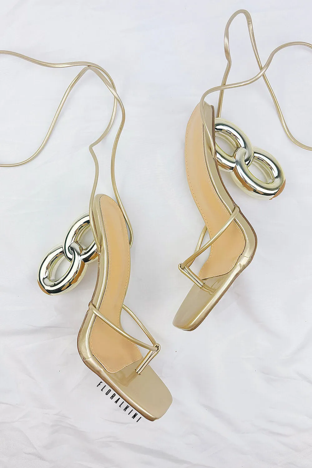 Lace Up Square Thong Toe Chain Heels - Gold sold by Floralkini product image thumbnail 4
