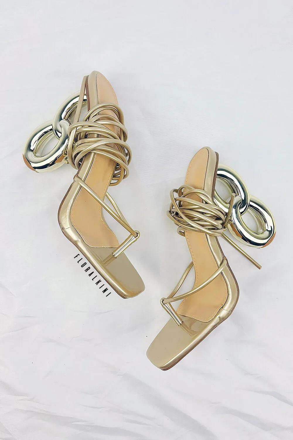 Lace Up Square Thong Toe Chain Heels - Gold sold by Floralkini product image thumbnail 5