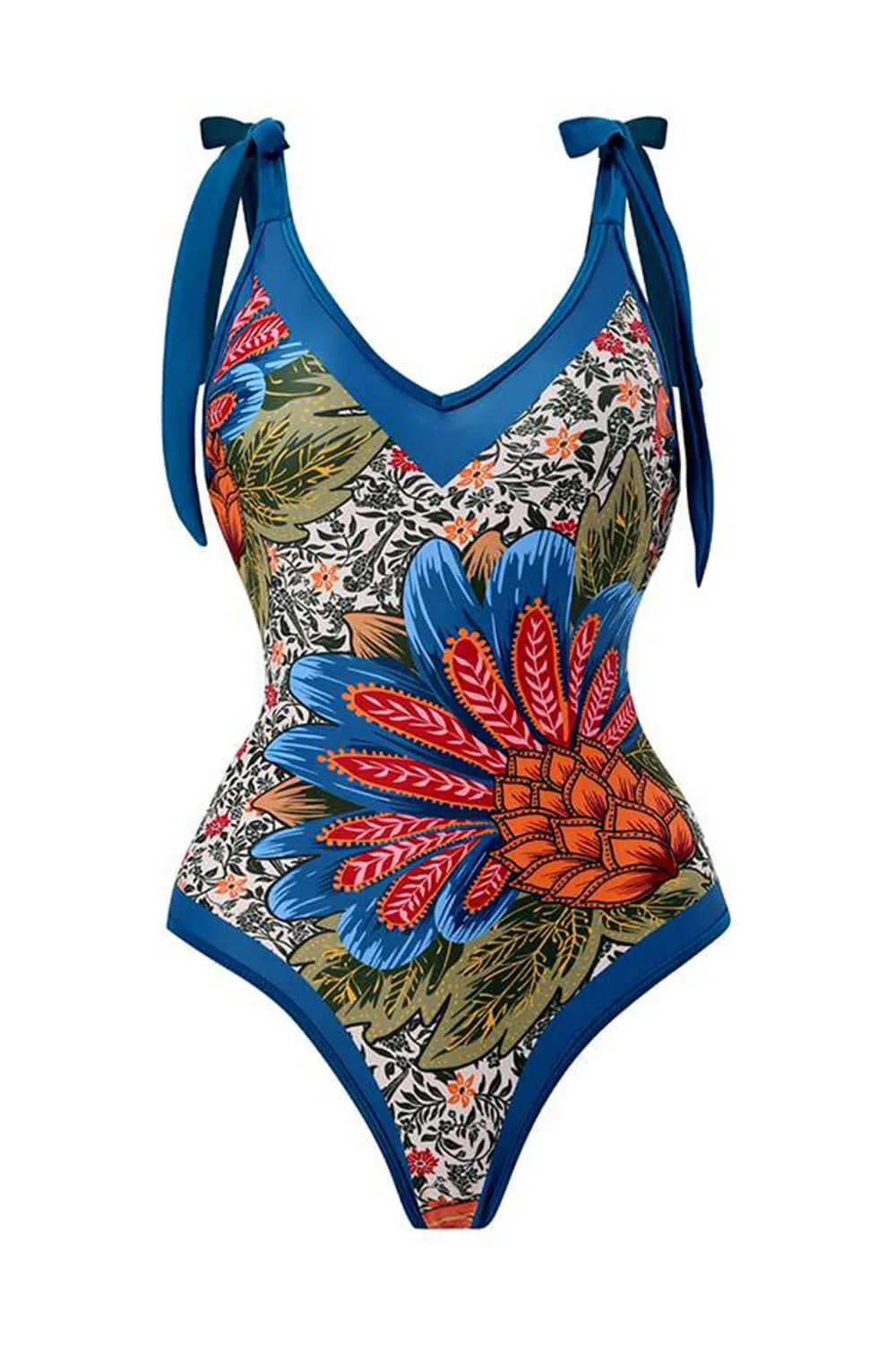 Tropical Floral Print Plunge Tie-Shoulder One Piece Swimsuit sold by Floralkini