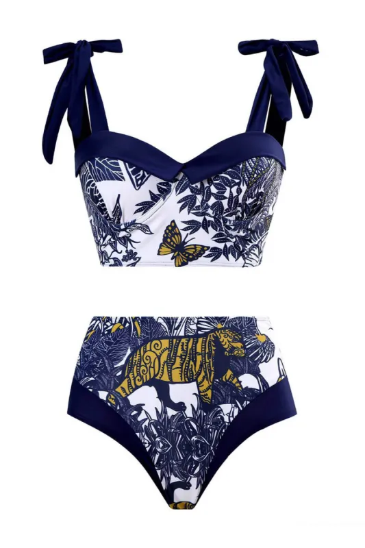 Tiger Print Sweetheart Tie-Shoulder Underwired High Waisted Bikini Set made by Floralkini