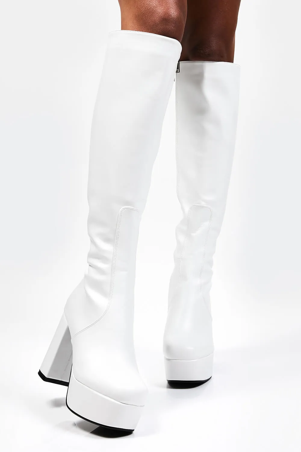 White Chunky Platform Block Heel Knee High Boots sold by Floralkini product image thumbnail 4