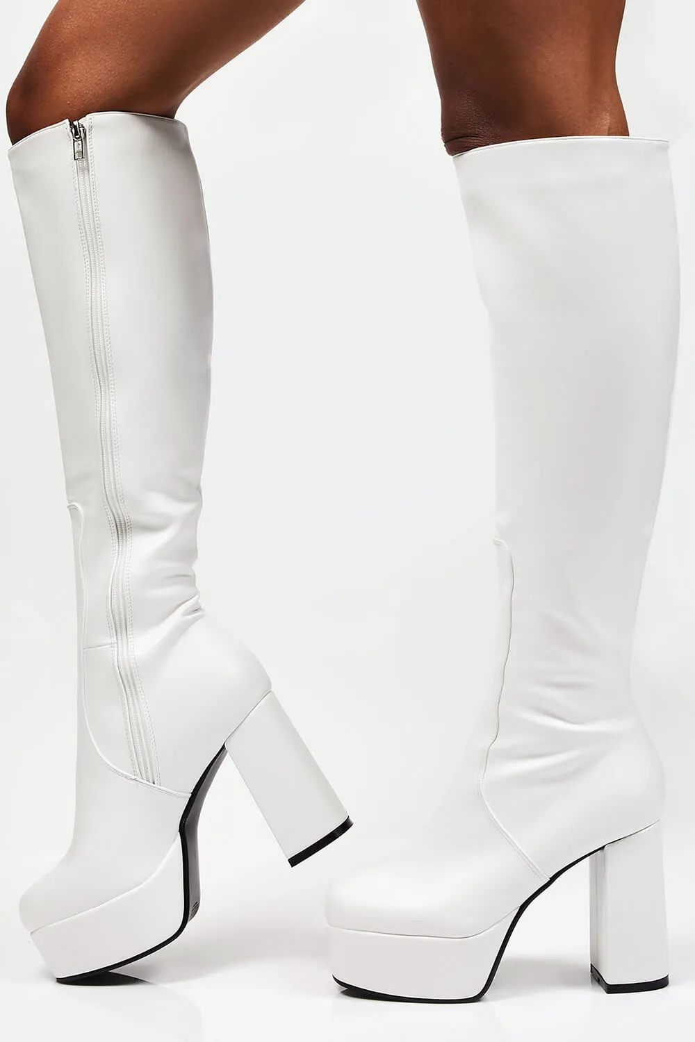 White Chunky Platform Block Heel Knee High Boots sold by Floralkini product image thumbnail 5