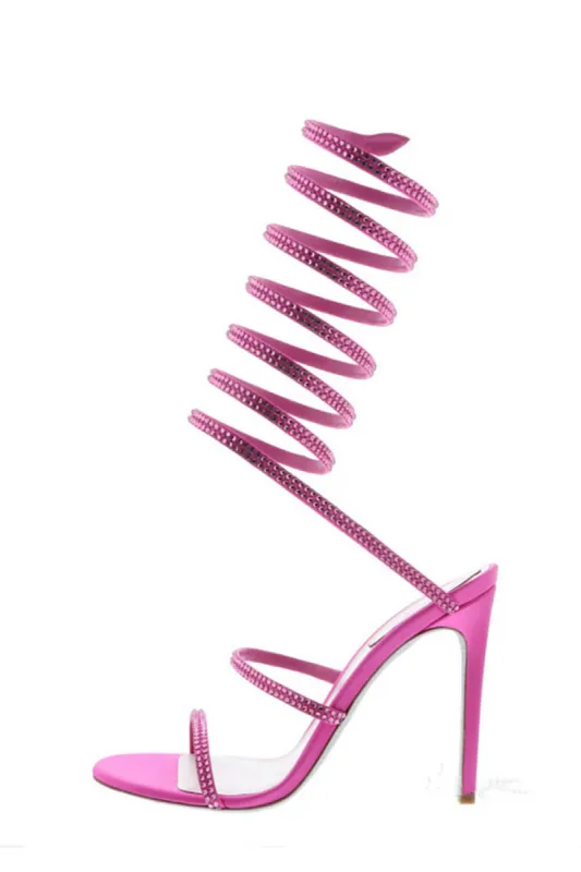 Diamante Wrap Around Almond Open Toe Stiletto Sandals - Hot Pink sold by Floralkini