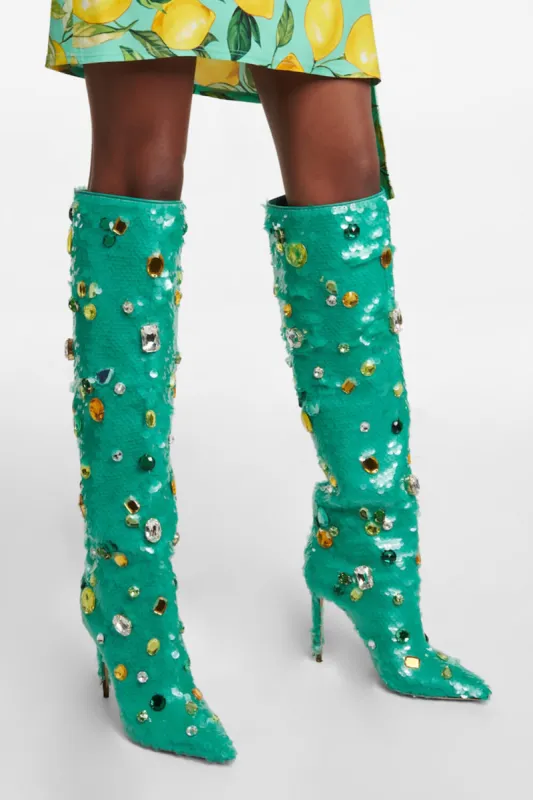 Green Sequined Pointed Toe Stiletto Heel Over The Knee Boots sold by Floralkini