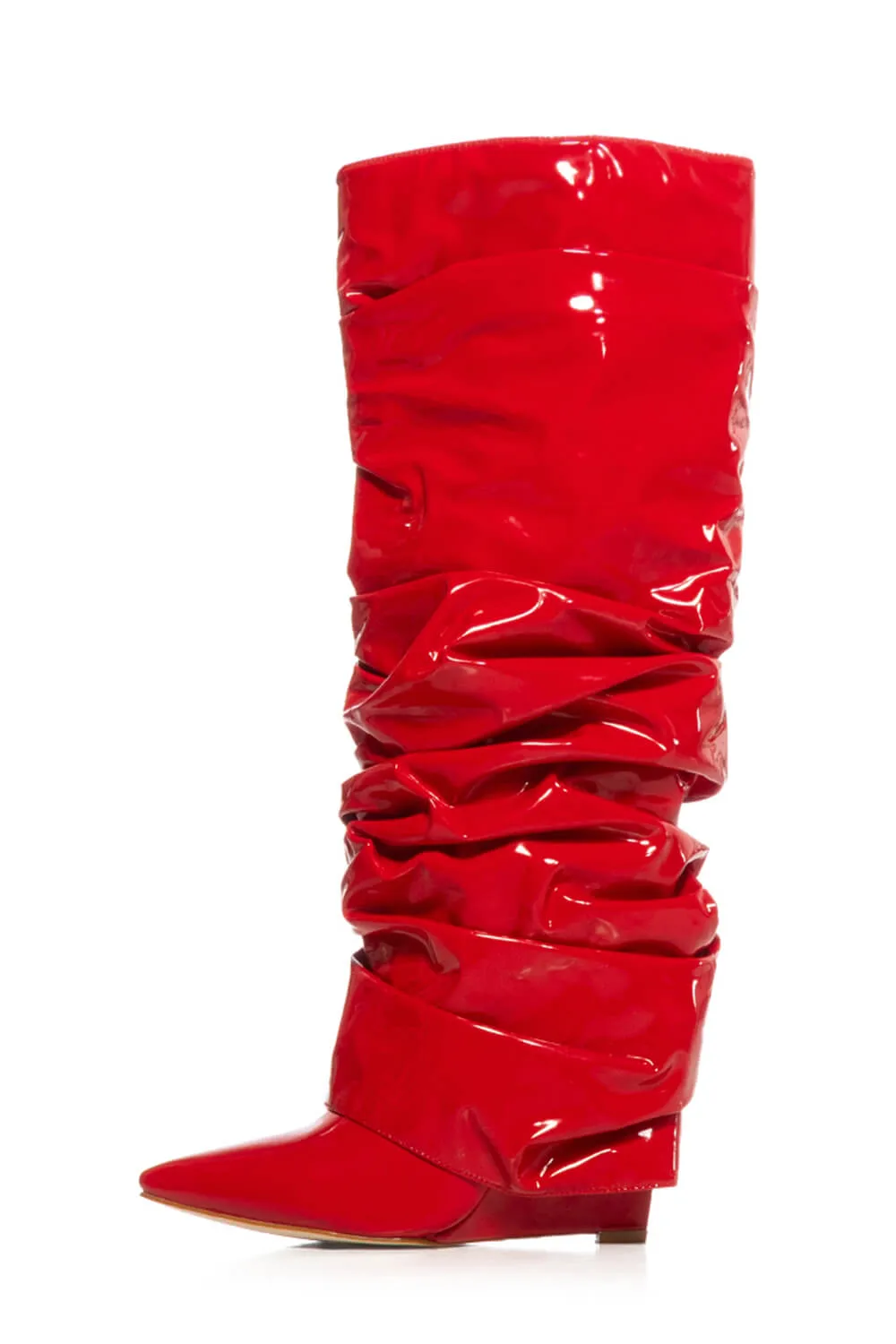 Patent Scrunched Foldover Mid Calf Wedge Heel Boots - Red sold by Floralkini product image thumbnail 4