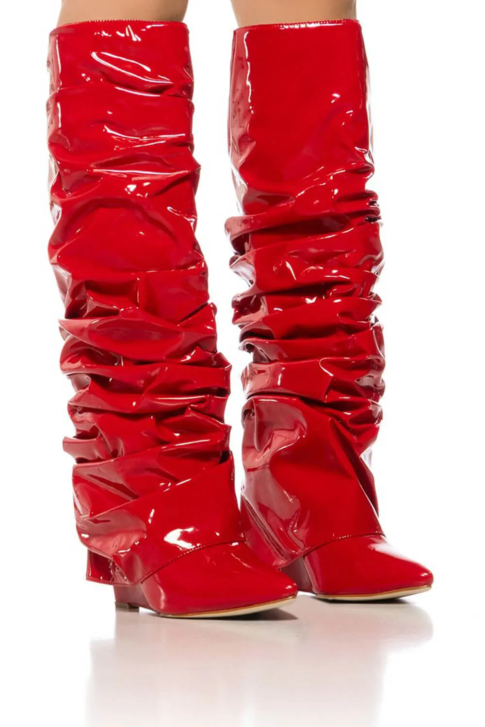 Patent Scrunched Foldover Mid Calf Wedge Heel Boots - Red sold by Floralkini