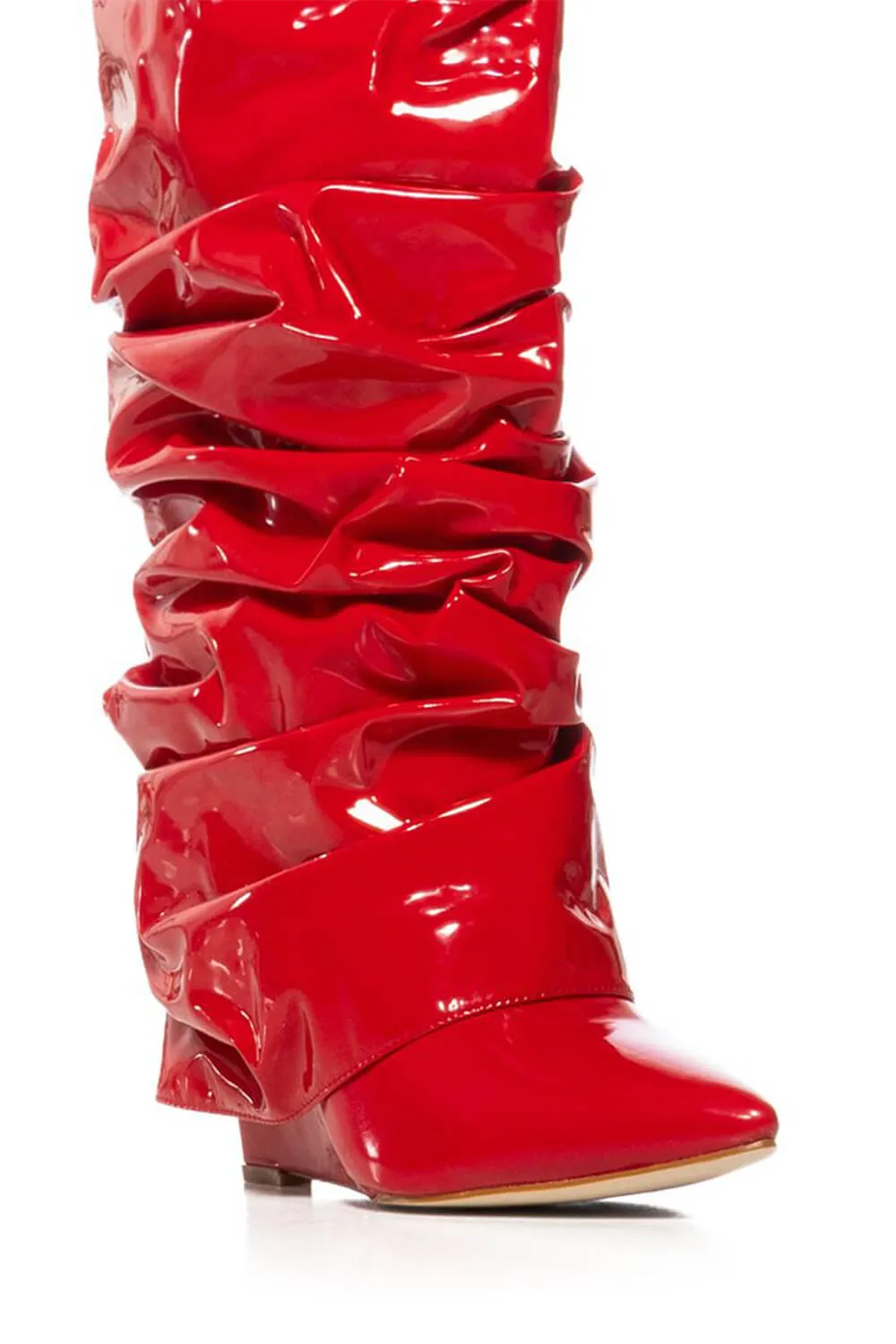 Patent Scrunched Foldover Mid Calf Wedge Heel Boots - Red sold by Floralkini product image thumbnail 2