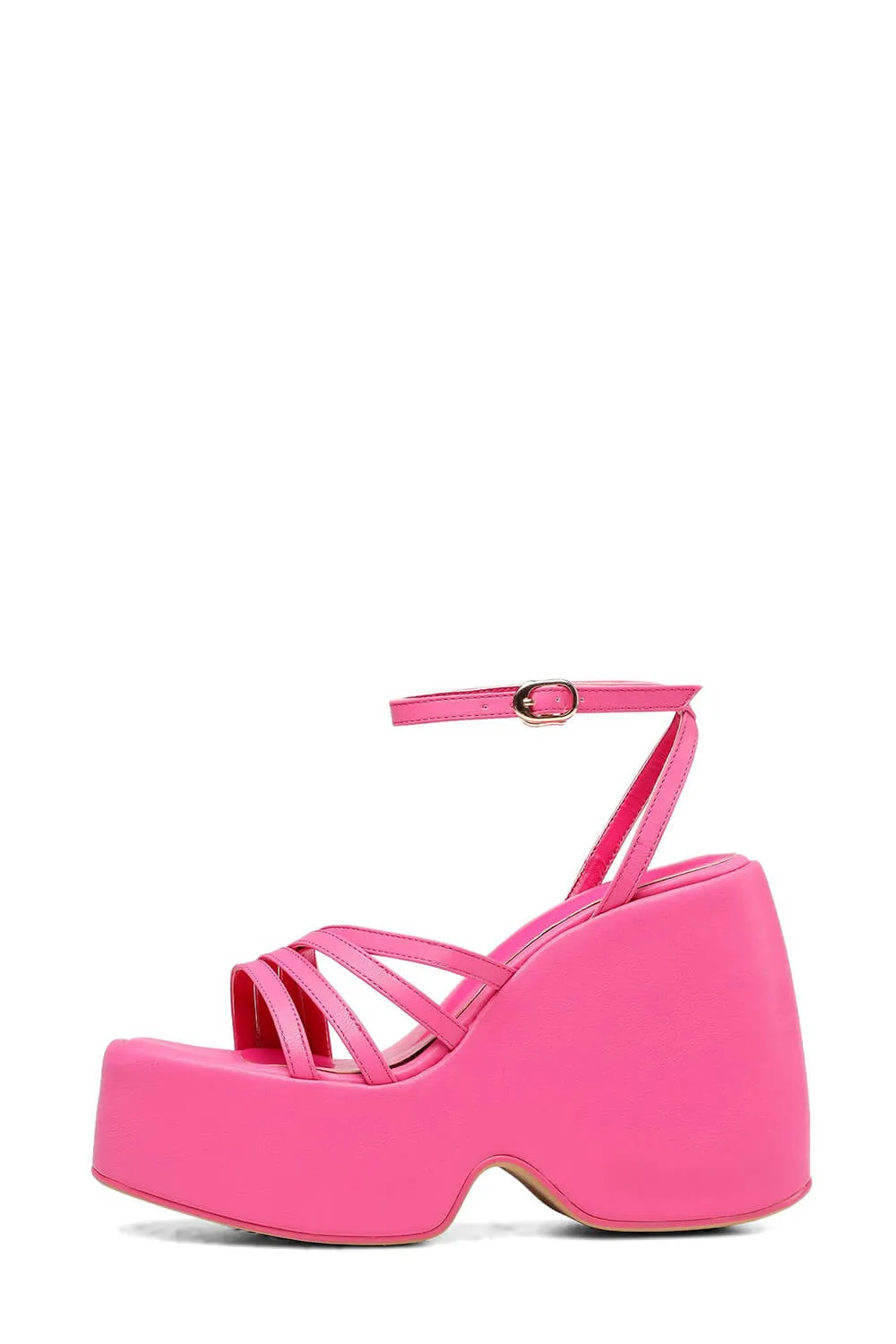 Faux Leather Strappy Peep Toe Wedge Heeled Ankle Sandals - Hot Pink sold by Floralkini product image thumbnail 5