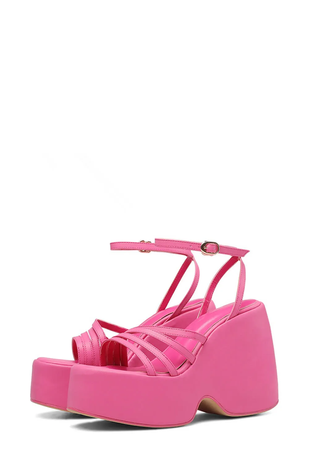 Faux Leather Strappy Peep Toe Wedge Heeled Ankle Sandals - Hot Pink sold by Floralkini product image thumbnail 4