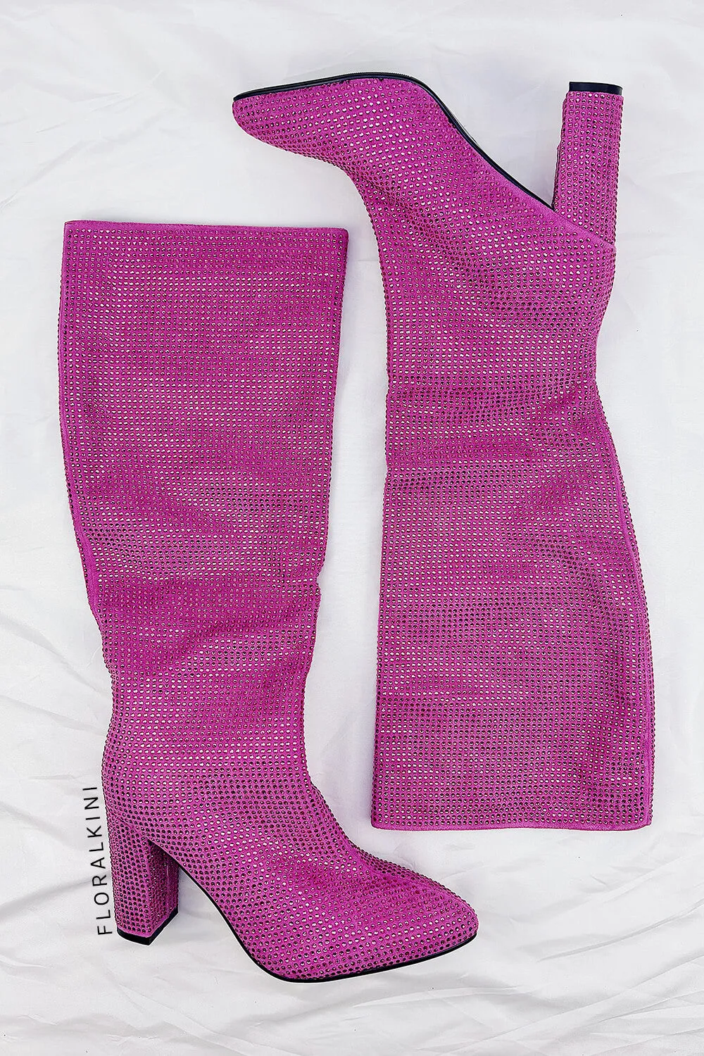 Glitter Knee High Pointed Toe Block Heeled Boots - Hot Pink sold by Floralkini product image thumbnail 3