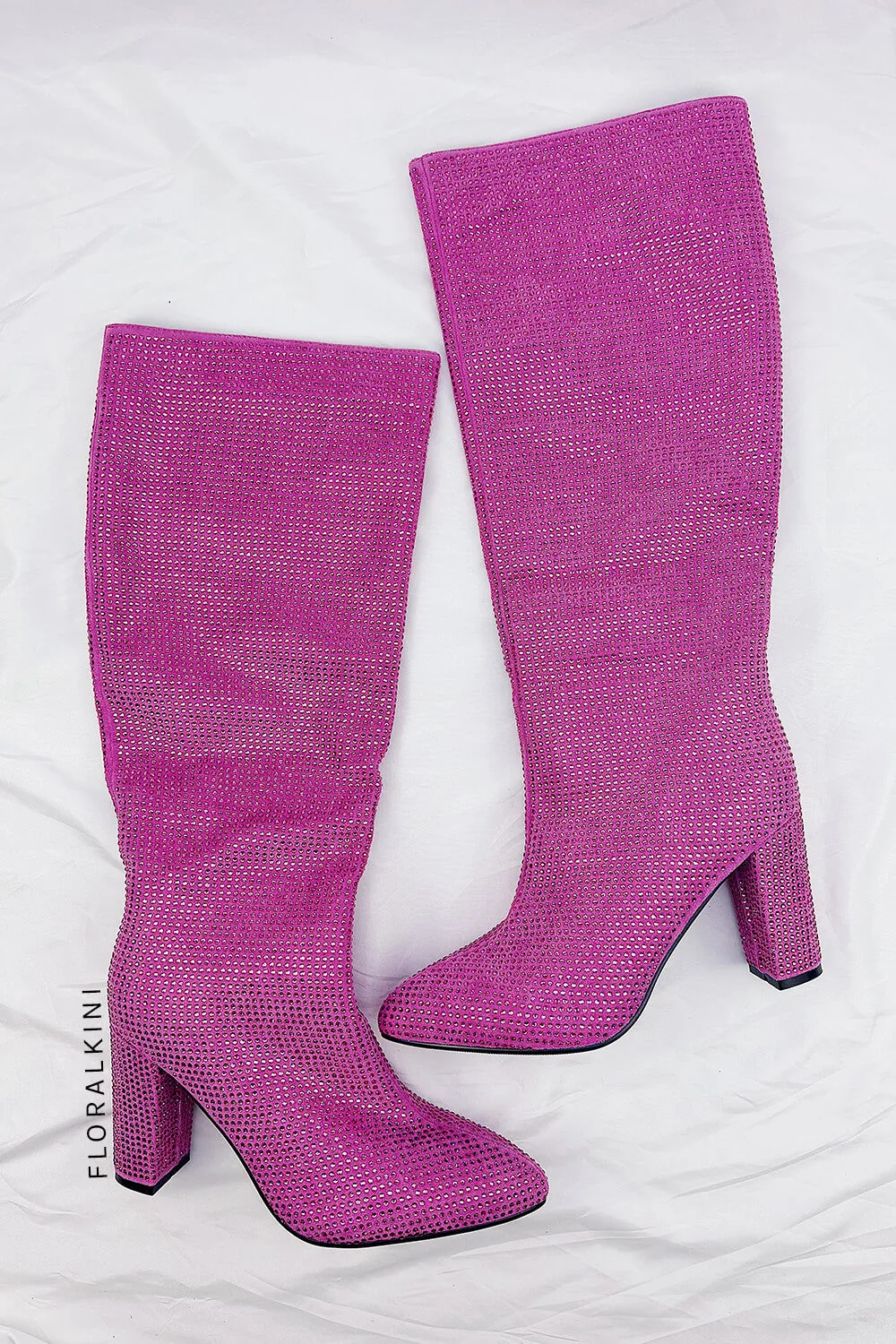 Glitter Knee High Pointed Toe Block Heeled Boots - Hot Pink sold by Floralkini product image thumbnail 2