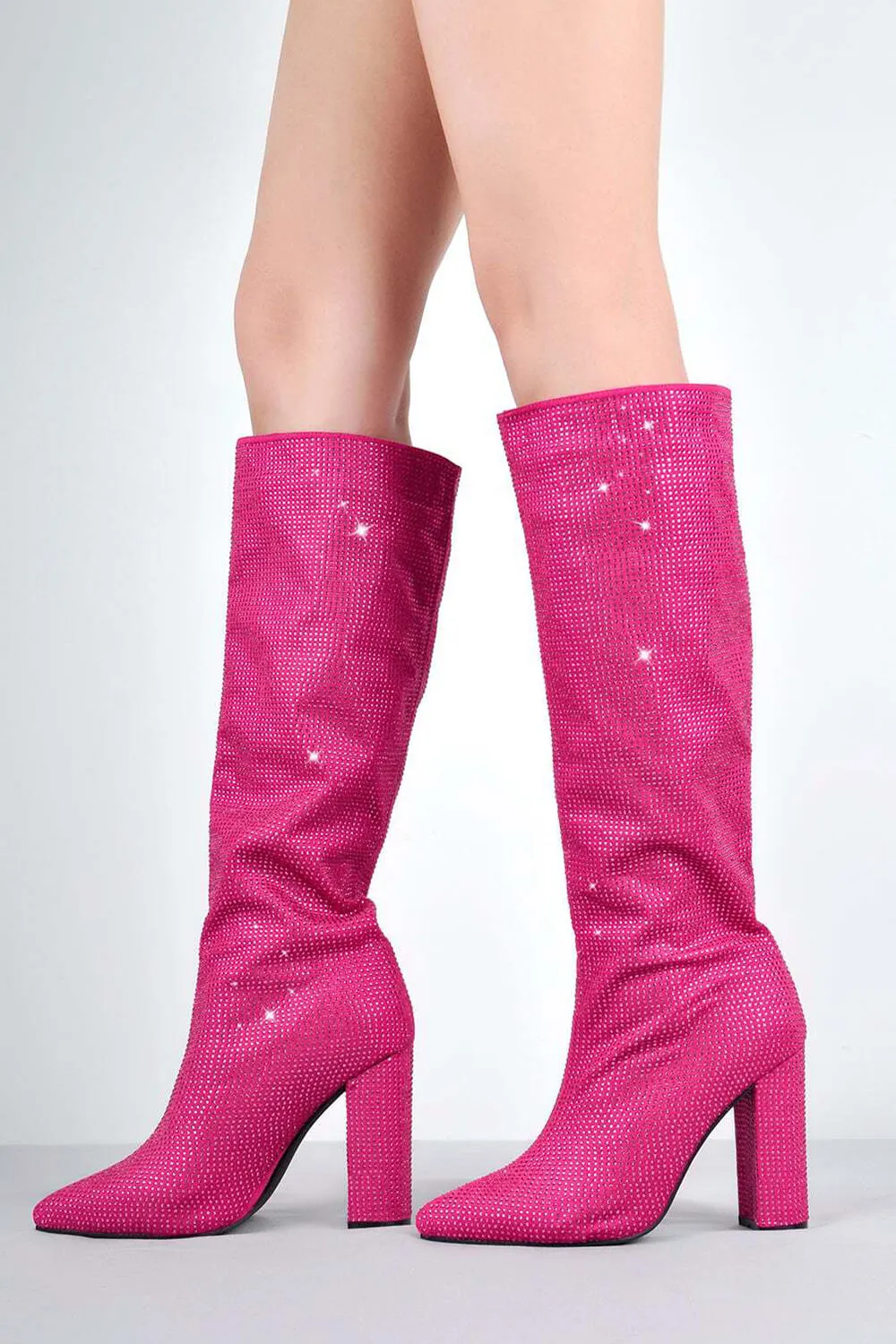 Glitter Knee High Pointed Toe Block Heeled Boots - Hot Pink sold by Floralkini
