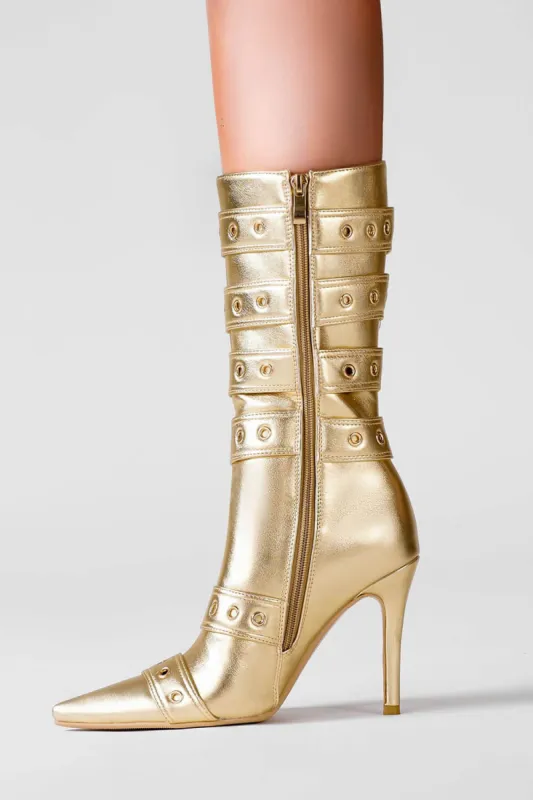 Gold Strappy Buckle Pointed Toe Mid-Calf Stiletto Boots sold by Floralkini
