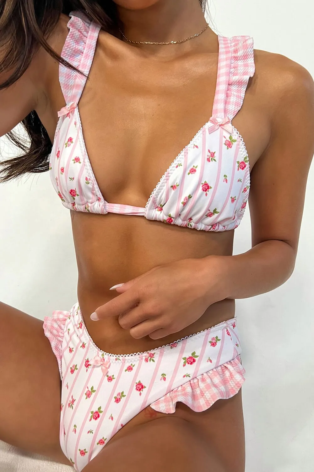 Pink Rose Gingham Ruffled High Cut Bikini Set sold by Floralkini
