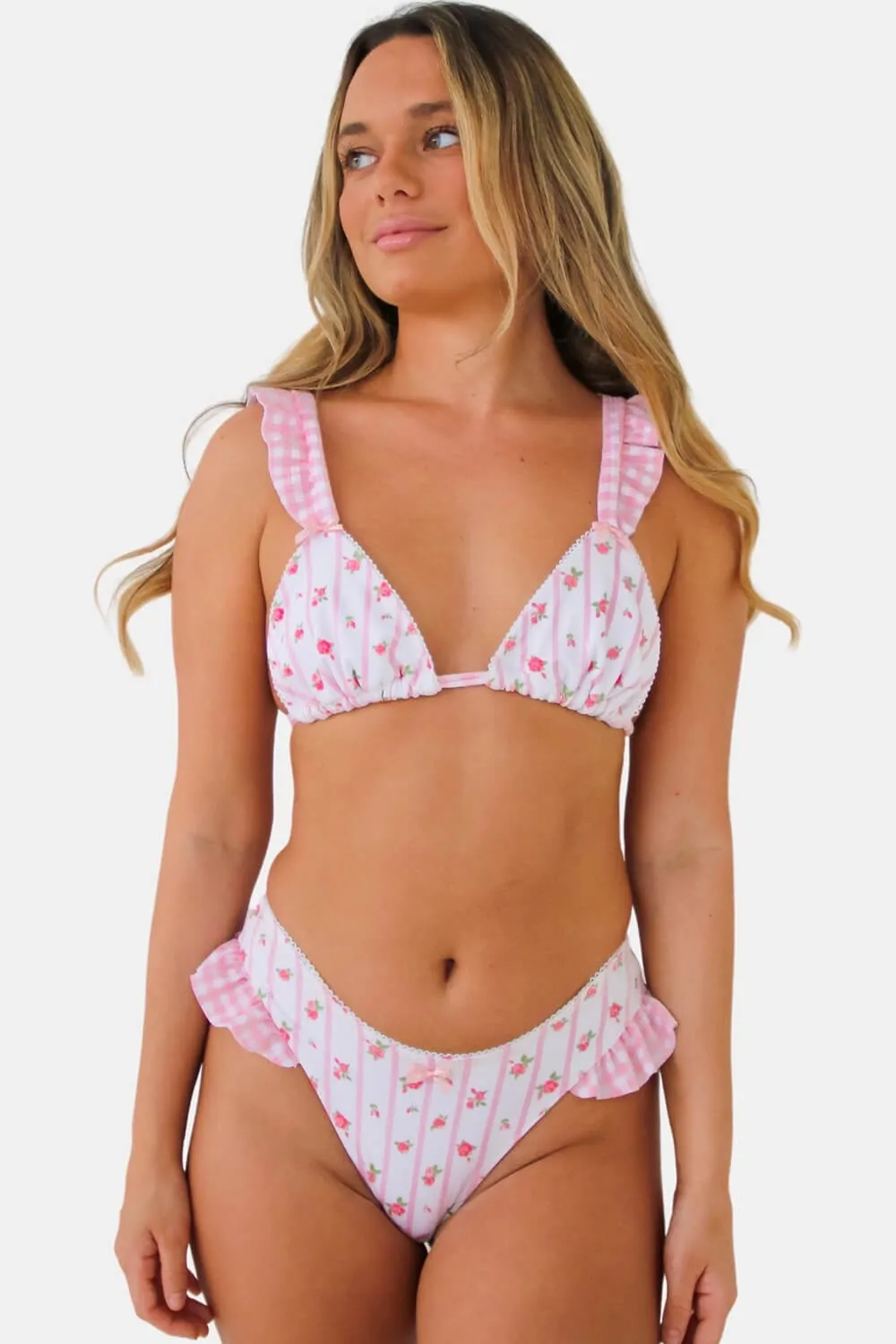 Pink Rose Gingham Ruffled High Cut Bikini Set sold by Floralkini product image thumbnail 2