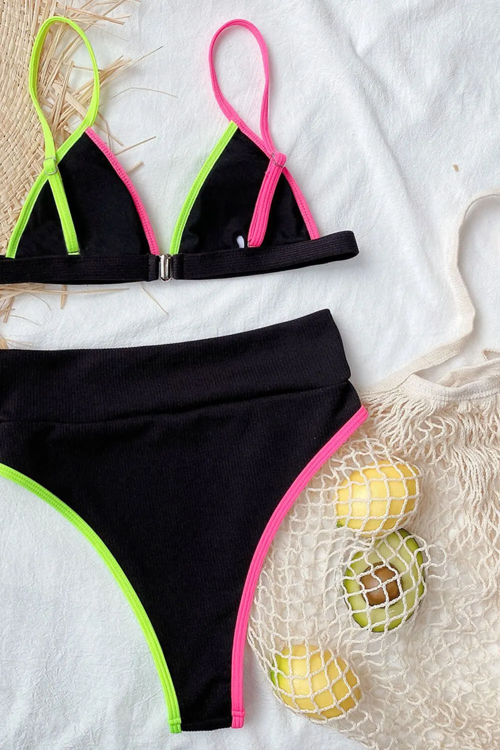 Pink Lime Black Colorblock Rib Triangle Bikini Top sold by Floralkini product image thumbnail 3