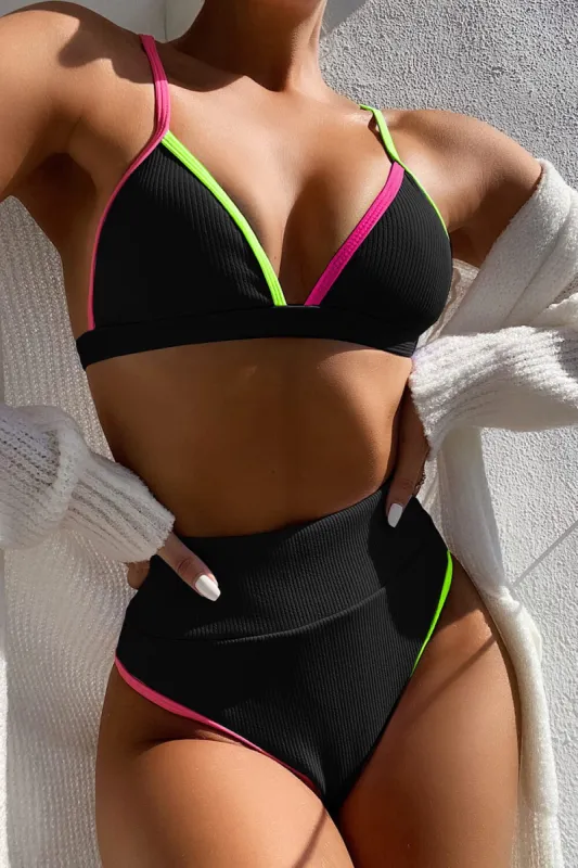 Pink Lime Black Colorblock Rib Triangle Bikini Top sold by Floralkini