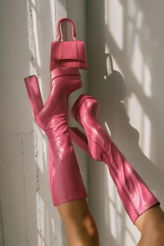 Faux Leather Double Platform Square Toe Chunky Block Heel Knee High Boot - Pink sold by Floralkini