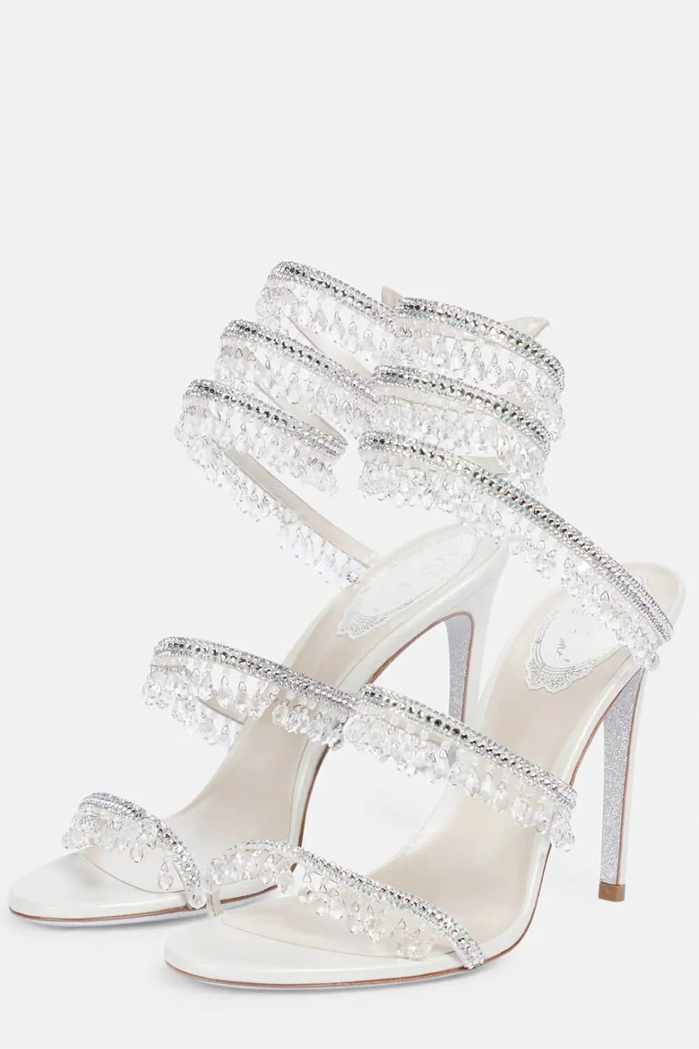 Crystal Chandelier Embellished Faux Satin Wraparound Self-Tie Slingback Sandals - White sold by Floralkini product image thumbnail 3