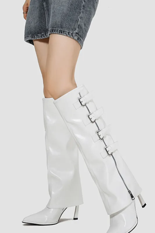 Buckle Detail Fold Over Knee-High High Heeled Boots - White sold by Floralkini