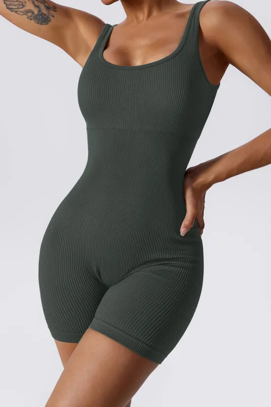 Ribbed Wide Strap Scoop Neck Sports Romper - Gray/Black/Saddlebrown/Blue/Darkcyan/Pink/Beige sold by Floralkini