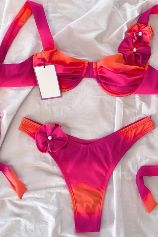 Ombre Rosette Shoulder Strap Ruched Balconette Underwire High-Cut Bikini Set sold by Floralkini