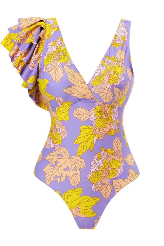 Hibiscus Print Ruffled Plunge One Piece Swimsuit sold by Floralkini