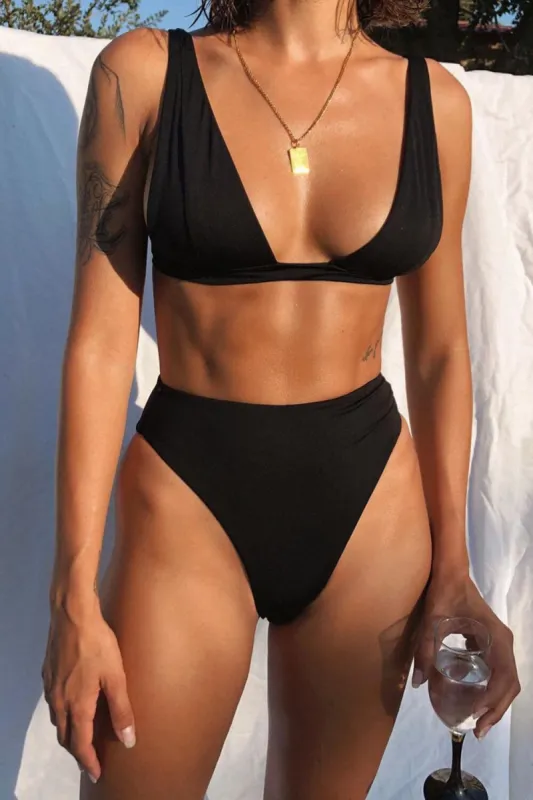 Black Deep V Bikini Top sold by Floralkini