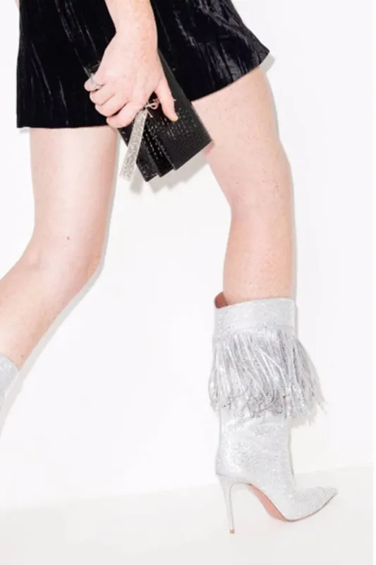 Crystal Fringe Faux Suede Mid Calf Pointed Toe Stiletto Heel Boots sold by Floralkini