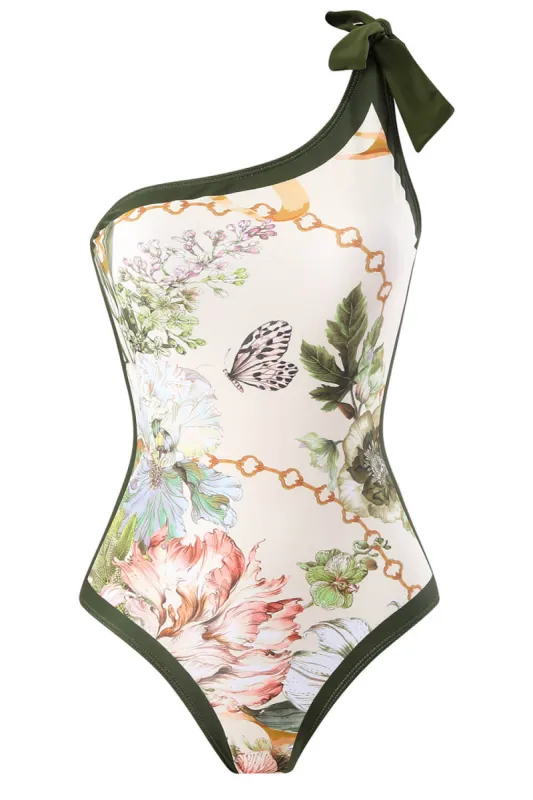 Floral Printed Asymmetrical Bow-Tie Shoulder One Piece Swimsuit sold by Floralkini