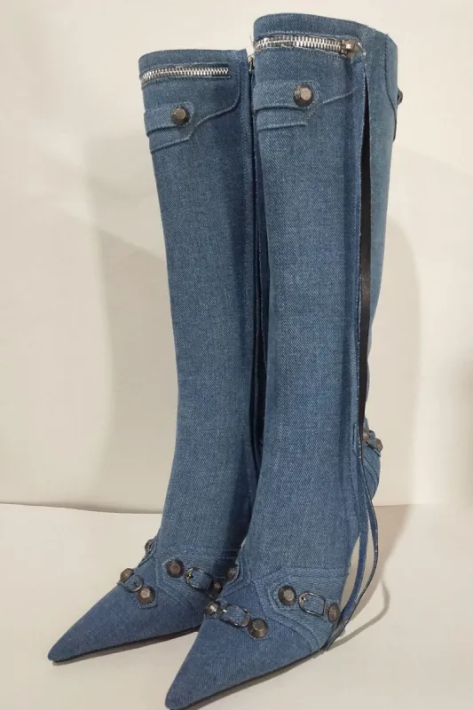 Denim Knee High Pointed Toe Stiletto Boots With Studs And Pin Buckle Strap Details - Dark Blue sold by Floralkini