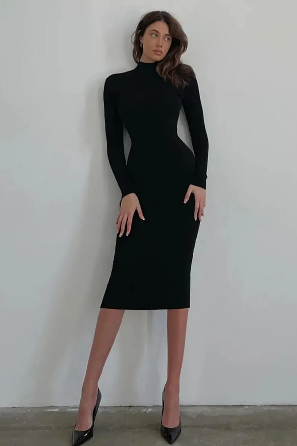 High Neck Long Sleeves Rib Knit Midi Sweater Dress sold by Floralkini product image thumbnail 2