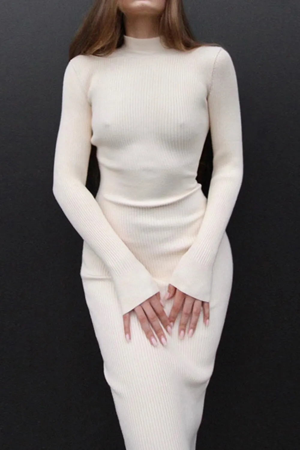 High Neck Long Sleeves Rib Knit Midi Sweater Dress sold by Floralkini