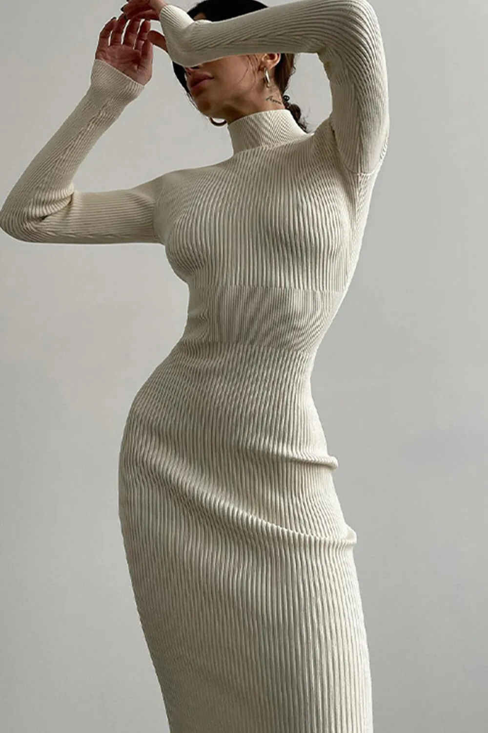 High Neck Long Sleeves Rib Knit Midi Sweater Dress sold by Floralkini product image thumbnail 4