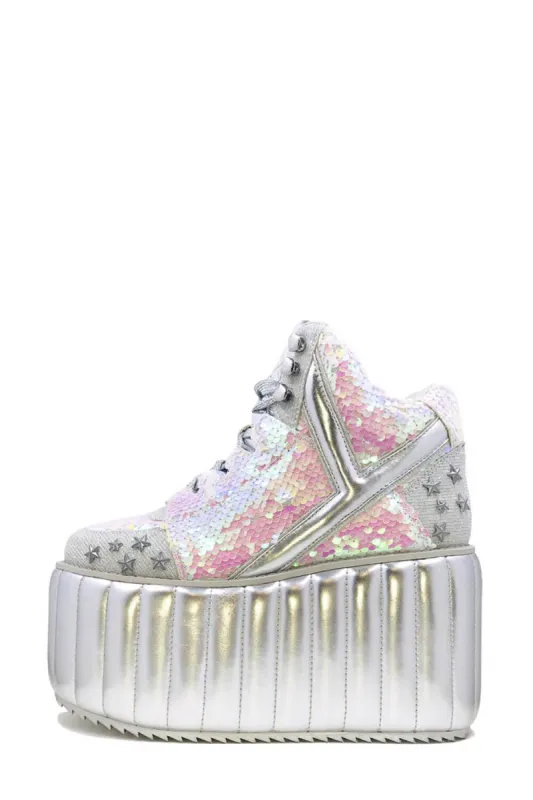 Iridescent Sequined Lace Up Metallic Quilted Platform Sneakers With Star Studded Details sold by Floralkini