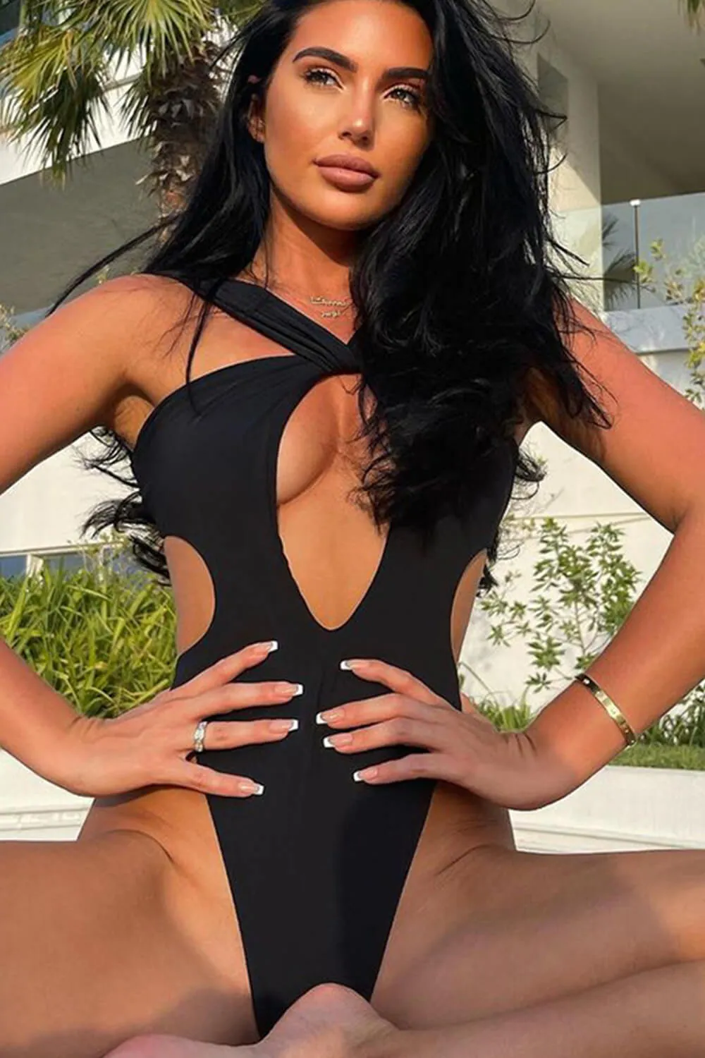 Cross-Front Halter Neck Cut Out High-Cut Brazilian One Piece Swimsuit - Black/Sienna sold by Floralkini product image thumbnail 4