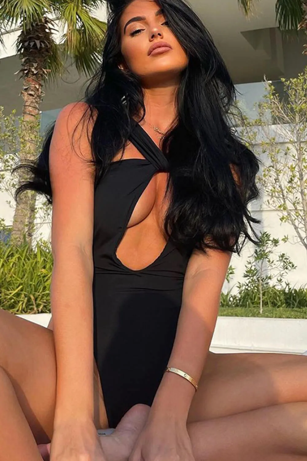 Cross-Front Halter Neck Cut Out High-Cut Brazilian One Piece Swimsuit - Black/Sienna sold by Floralkini product image thumbnail 5